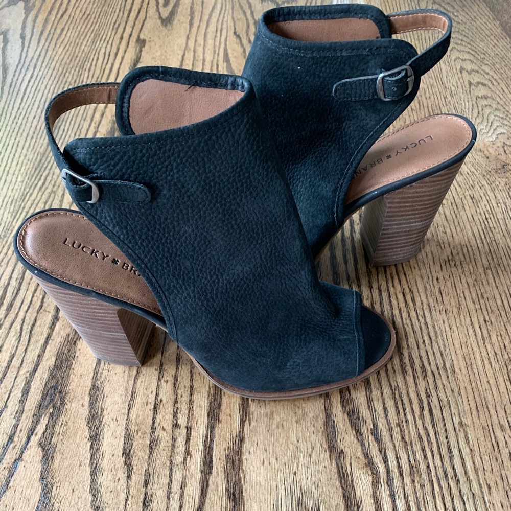 Lucky Brand Black Suede Ankle straps Heels size 10